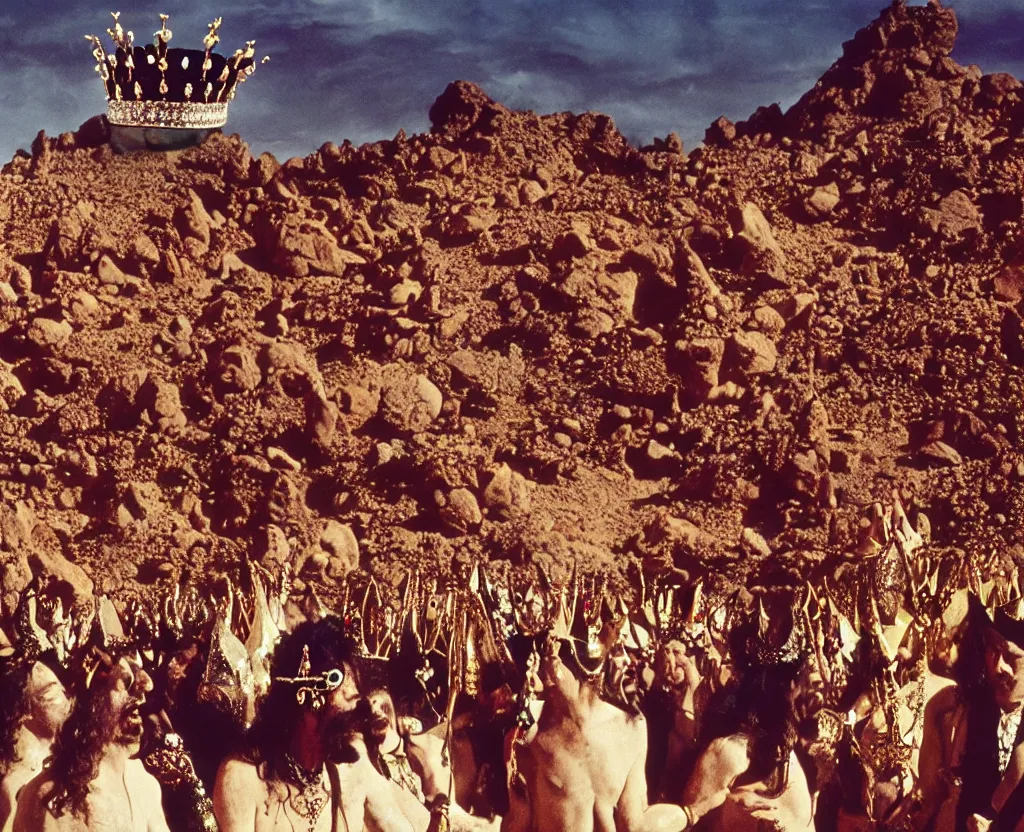 Image similar to salvador dali wearing a crown and jewels in front of a huge crowd in a dry rocky desert landscape, film still from the movie by alejandro jodorowsky with cinematogrophy of christopher doyle and art direction by hans giger, anamorphic lens, kodakchrome, very detailed photo, 8 k