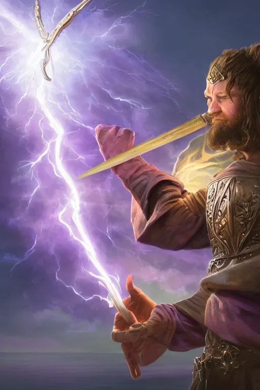 Prompt: fantasy, hyper realistic mystical wizard holding a sword that’s pointed towards the sky, sword is getting shocked by purple lightning, wizard is levitating over a lake, reflection, octane, trending on artstation, highly detailed, by Frank frazetta, 8k