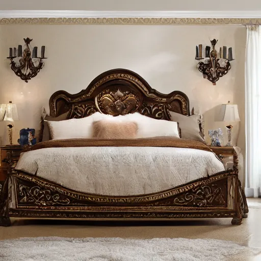 Prompt: award-winning awesome catalog photo plaster headboard in the shape of an ornate fireplace mantel master bedroom