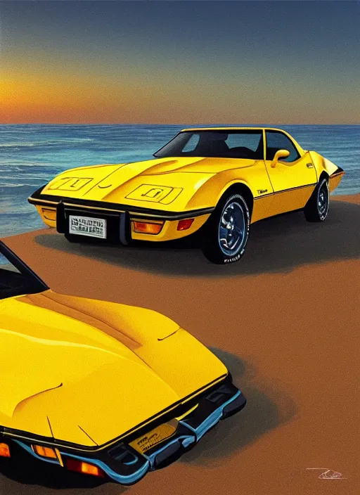 Prompt: a miniature of a yellow 1979 stingray corvette at the beach at sunset, t-top, convertable,digital art,detailed,ultra realistic,art by greg rutkowski