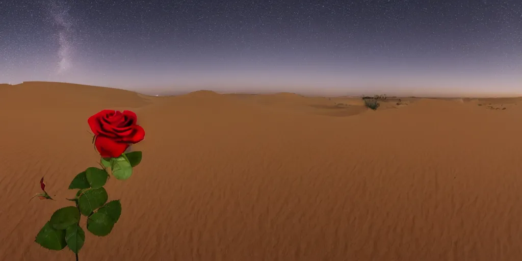 Prompt: a single red rose is growing in the middle of the desert. beautiful starry sky and sand dunes can be seen in the background. wide angle shot, 4 k, golden hour.