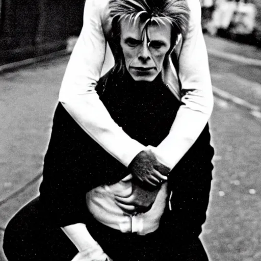 Image similar to david bowie from changes giving a piggy back ride to ziggy stardust. as a photograph with new york in the background