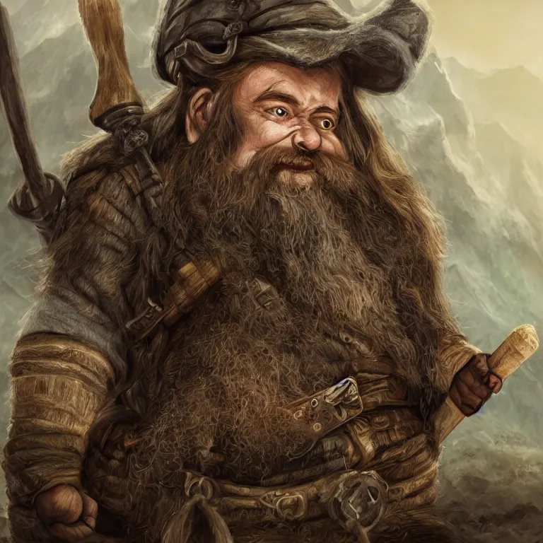 Image similar to dwarf with hammer in mountains, lord of the rings style, fantasy, poster, character portrait, portrait, close up, concept art, intricate details, highly detailed, full body, 8 k, detailed face, body