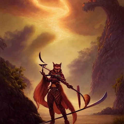 Image similar to khajit warrior wielding a sword, highly detailed matte fantasy painting, stormy lighting, by ross tran, by artgerm, by lisa frank, by brom, by peter mohrbacher