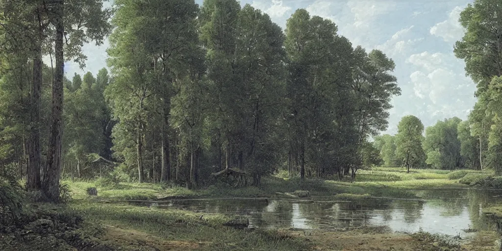 Image similar to clean and optimistic cooling tower, by a river and fields, ivan shishkin, studio ghibli