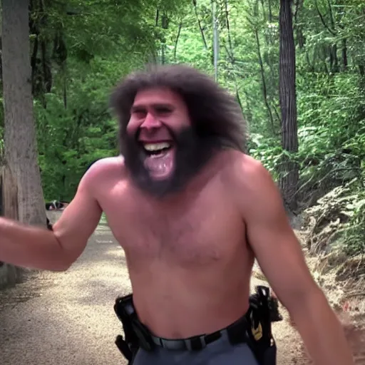 Prompt: police bodycam footage of laughing caveman fleeing, street