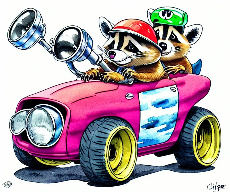 Image similar to cute and funny, racoon wearing a helmet riding in a tiny hot rod with oversized engine, ratfink style by ed roth, centered award winning watercolor pen illustration, isometric illustration by chihiro iwasaki, edited by range murata, symmetrically isometrically centered