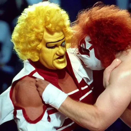 Prompt: A 1990s still of Ronald McDonald and Colonel Sanders wrestling in WWE