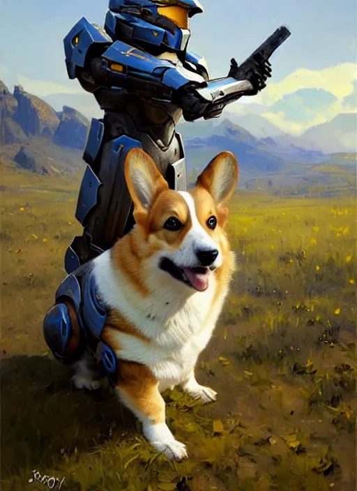 Image similar to Greg Manchess painting of a Corgi wearing Forerunner Armor from Halo, countryside, calm, fantasy character portrait, dynamic pose, above view, sunny day, artwork by Jeremy Lipkin and Giuseppe Dangelico Pino and Michael Garmash and Rob Rey, very coherent asymmetrical artwork, sharp edges, perfect face, simple form, 100mm