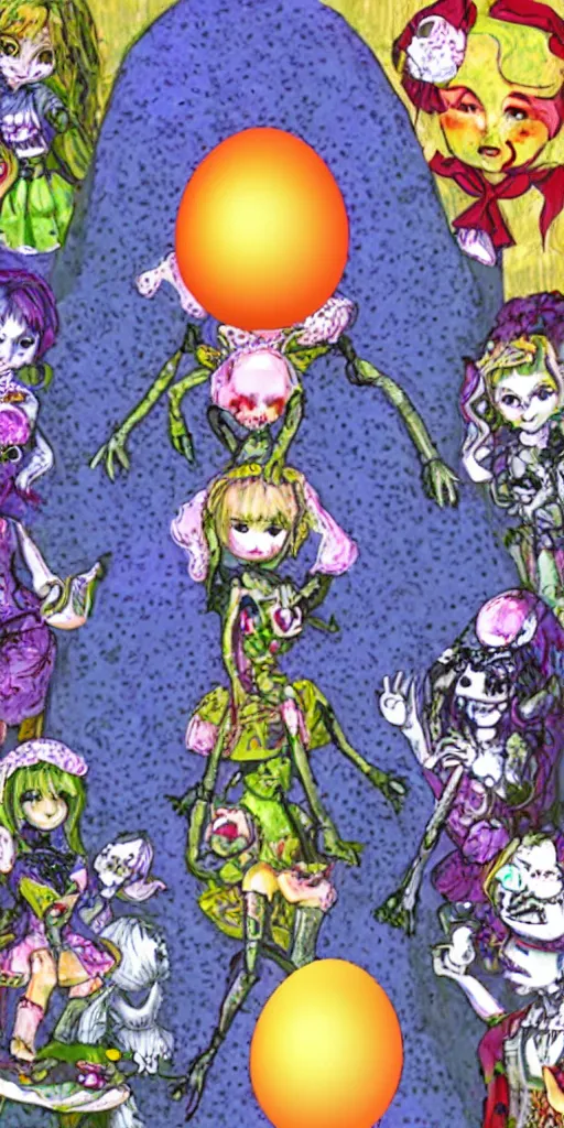 Image similar to malice doll psx rendered early 90s net art lunars egg surrounded by demons