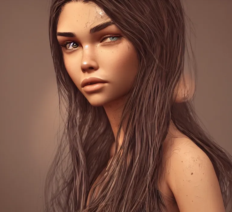 Image similar to madison beer, au naturel, hyper detailed, digital art, trending in artstation, cinematic lighting, studio quality, smooth render, unreal engine 5 rendered, octane rendered