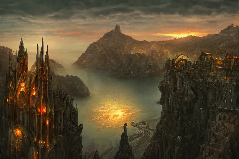 Image similar to high aerial shot, fantasy landscape, sunset lighting ominous shadows, cinematic fantasy painting, dungeons and dragons, a port city, harbor, bay, with an elvish fortress inspired by the syndey opera house by jessica rossier and brian froud and hr giger