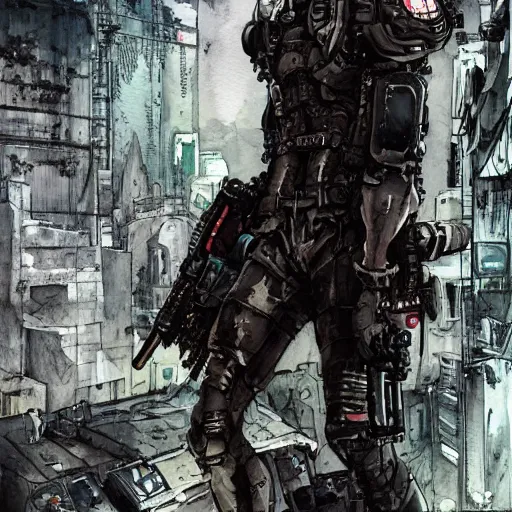 Prompt: a watercolor ink painting of a post - apocalyptic cyberpunk grimdark demon in the style of leonard boyarsky in the style of yoji shinkawa detailed realistic hd 8 k high resolution