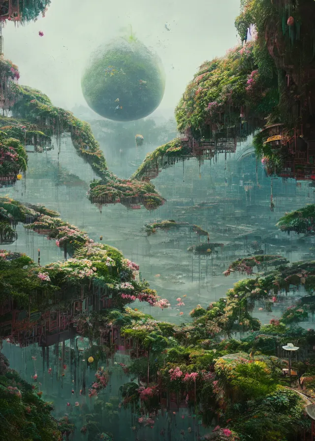 Image similar to The Empress’ hanging, swirling gardens, Jakub Kasper, Makoto Shinkai, Simon Stålenhag, matte painting, featured in artstation, octane render, cinematic, elegant, intricate, 8k