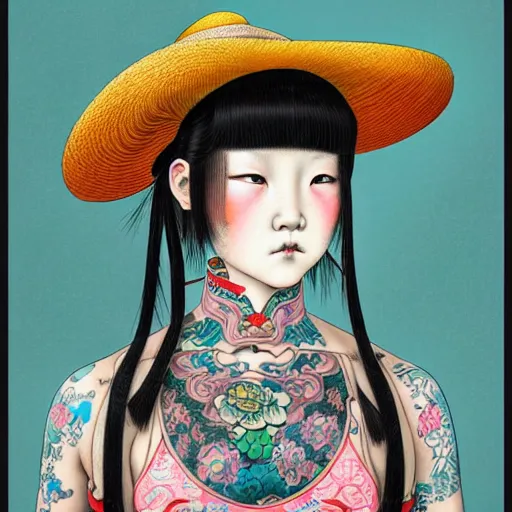 Prompt: full view of a girl from the qing dynasty with tattoos, wearing an american cowboy hat from the old west, style of yoshii chie and hikari shimoda and martine johanna, highly detailed