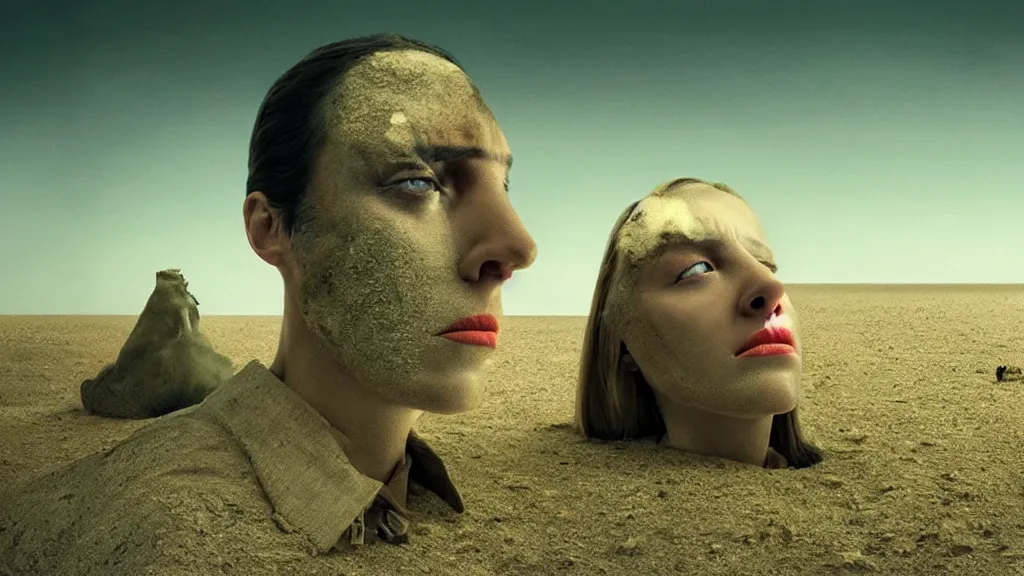 Prompt: the wrong face, film still from the movie directed by Denis Villeneuve with art direction by Salvador Dalí,