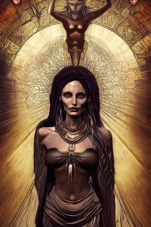 Image similar to a realistic dark photo of a beautiful ancient alien woman goddess angelina jolie in jewelery and fractals in style of alphonse mucha art nuvo dmt trending on artstation made in unreal engine 4