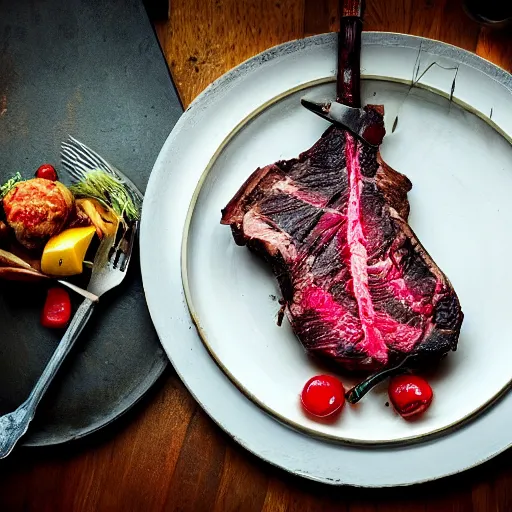 Image similar to photo of a expensive tomahawk steak, beautifully lit, food photography, 35mm, f/1.3, award winning, in the style of dennis prescott