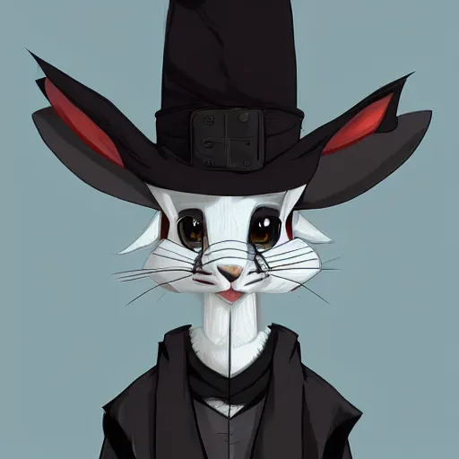 Image similar to anthropomorphic jackrabbit harengon with black skin and white highlights, wearing stylized monk robes and a very wide brimmed black hat, focus on hat, digital art featured on artstation