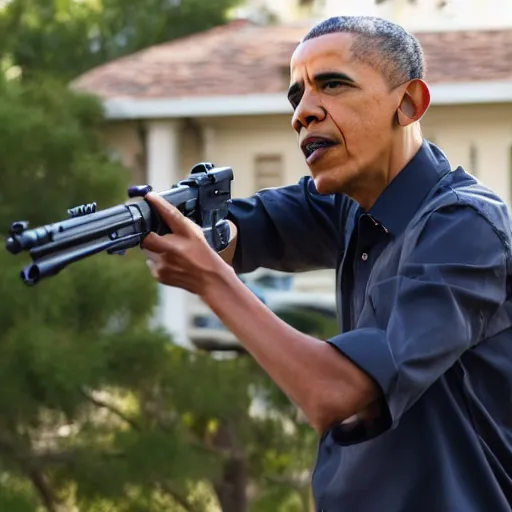 Image similar to angry barack obama shooting and terrorizing people in the hood, 8k resolution, full HD, cinematic lighting, award winning, anatomically correct