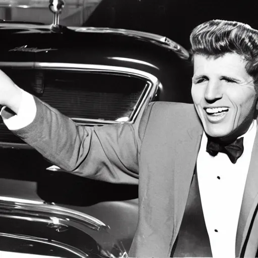 Prompt: Photograph of Bobby Rydell singing on the hood of a 1950s Cadillac