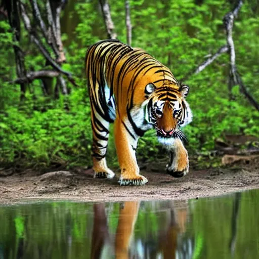 Image similar to wildlife photograph of a tiger walking in a dark mangrove forest, National geographic