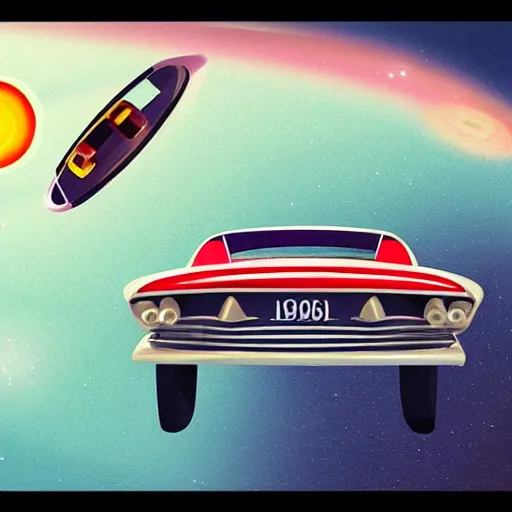 Image similar to 1960s car on a road in space driving towards a planet, trending on art station