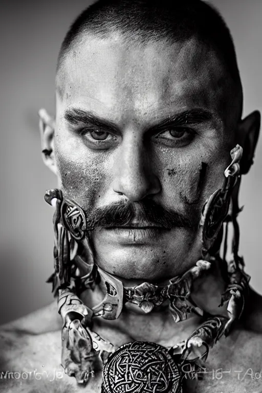 Prompt: a cinematic view of wide bw photo from a very ornated old brazilian renato aragao didi viking, shaved haircut, mexican mustache, showing celtic tattoos in the head, using leather armour with necklace of bones, naughty expression, photorealistic, volummetric light, depth of field, detailed, texturized, zeiss lens high professional mode