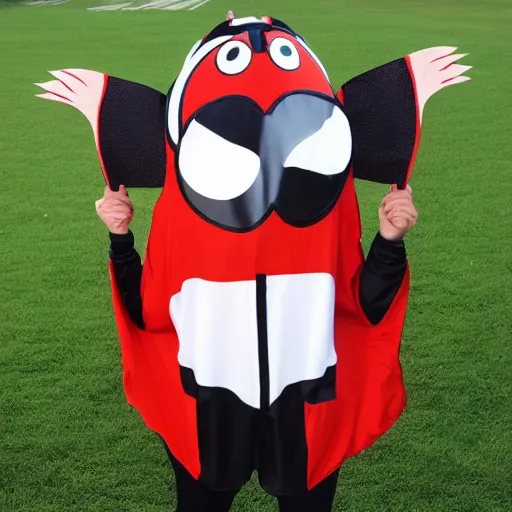 Image similar to sports team mascot, bug fly mascot costume, cocroach, the house fly, football mascot, anthropomorphic horsefly bug HD official photo, high quality costume