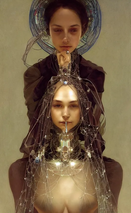 Image similar to portrait of a humanoid robot wearing a veil, mystic, mystical, robot body, wires, robotic, intricate, headshot, highly detailed, digital painting, artstation, concept art, sharp focus, cinematic lighting, digital painting, art by artgerm and greg rutkowski, alphonse mucha, cgsociety