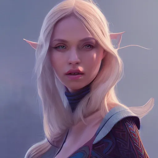 Prompt: a painting of an female elf wearing a skintight dress with blonde hair and blue eyes, an ultrafine hyperdetailed illustration by tooth wu and wlop and beeple and greg rutkowski, trending on artstation, highly detailed, 4 k, 8 k