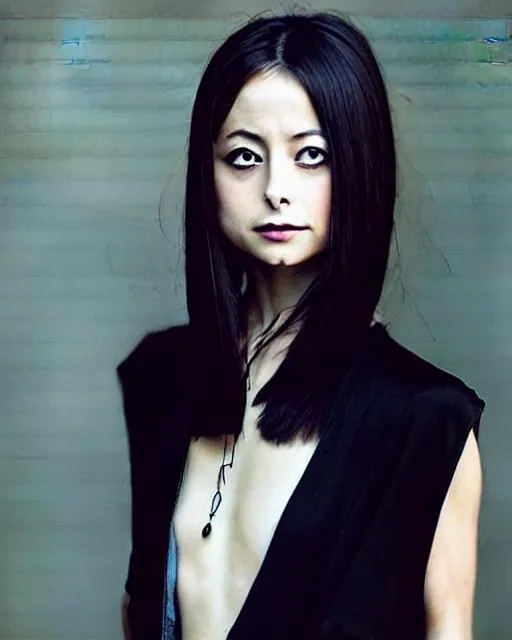 Prompt: style of miho harano : : gorgeous willa holland : : evil witch, swirling black magic, black dress : : symmetrical face, symmetrical eyes : : full body pose : : gorgeous black hair : : magic lighting, low spacial lighting : :