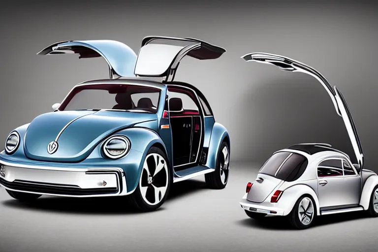 Prompt: Advertisement banner of the new electric Volkswagen Beetle 2023, gullwing doors, silver chrome color, concept car, Syd Mead, minimalist lines, wooden interior, retro futuristic style!!!!! 4k,professional photograph, award winning advertising, creative