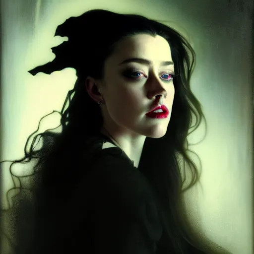 Image similar to hyperrealistic portrait of a woman as amber heard as a vampire witch tears makeup in a black coat turned back while closing a window over the shoulder shot portrait with falling petals in wind. by jeremy mann and alphonse mucha, fantasy art, photo realistic, dynamic lighting, artstation, poster, volumetric lighting, very detailed faces, 4 k, award winning