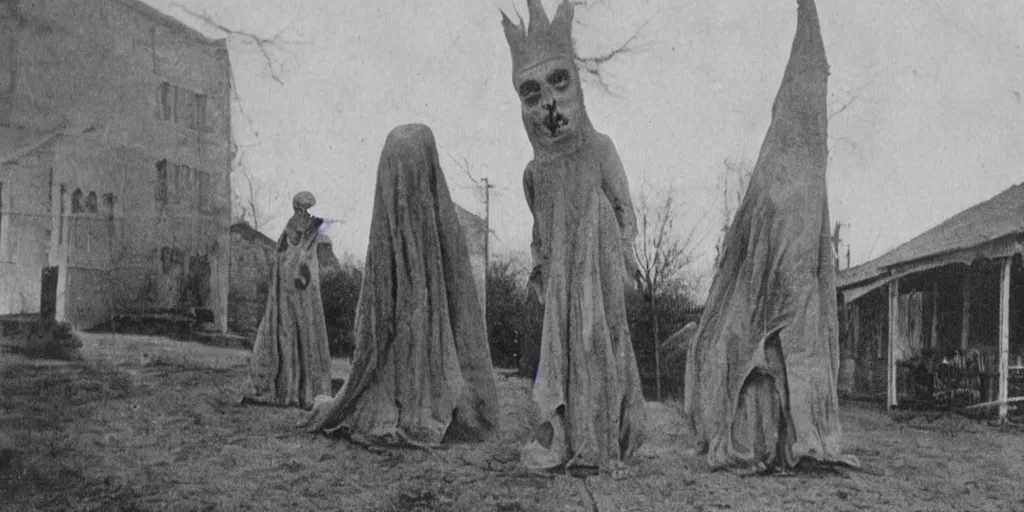 Prompt: scary unproportionable tall ghost creature in the middle of a village, 1900s picture