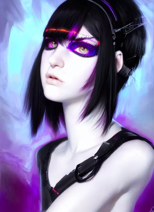 Image similar to whitebangs, black hair, black cyberlox, portrait of normal teenage girl, normal face, white bangs, fluffy bangs, cyberlox, whitebangs, red contact lenses, purple background, intricate, elegant, highly detailed, digital painting, artstation, concept art, sharp focus, smooth, illustration, art by wlop, mars ravelo and greg rutkowski