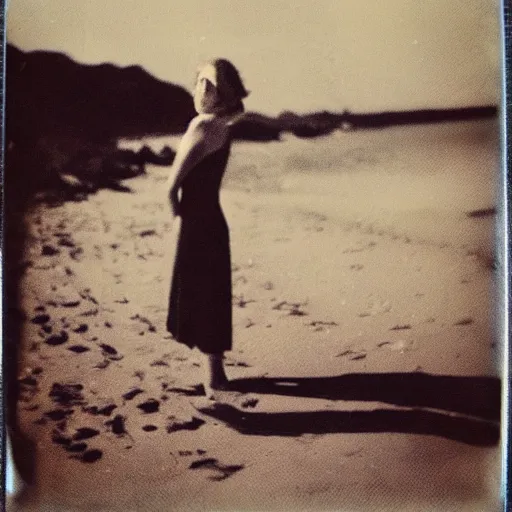 Image similar to a very beautiful old polaroid picture of a young women at the beach, award winning photography