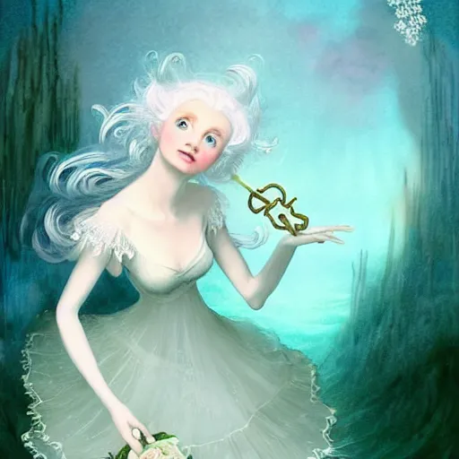 Image similar to A white haired, (((happy))) elf princess, dressed in a frilly ((lace)), wedding dress, is ((holding a key)). Everything is underwater! and floating. Greenish blue tones, theatrical, (((underwater lights))), high contrasts, fantasy water color, inspired by John Everett Millais's Ophelia