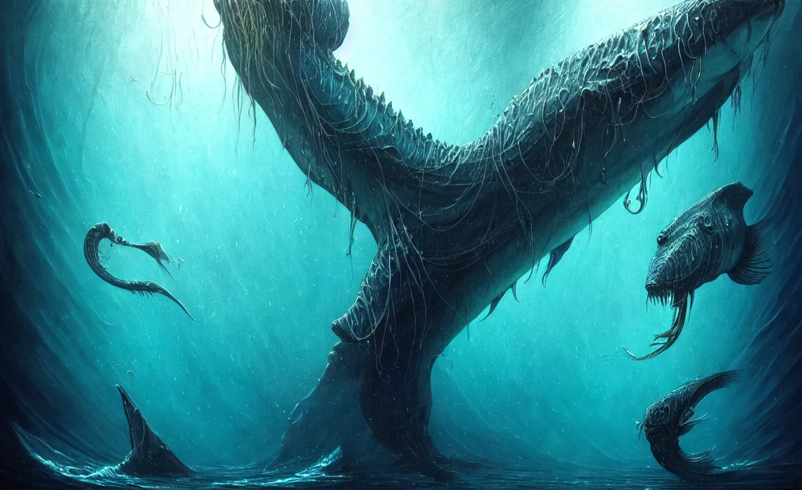 Image similar to epic professional digital art of hungry aquatic leviathan underwater, faint blue moody atmospheric lighting, underwater life, painted, intricate, detailed, detailed, foreboding, by leesha hannigan, wayne haag, reyna rochin, ignacio fernandez rios, mark ryden, iris van herpen,, epic, stunning, gorgeous, much wow, cinematic, masterpiece.