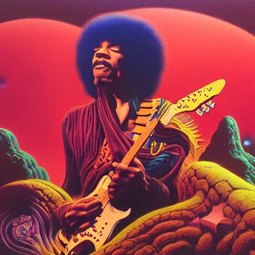 Prompt: colour portrait masterpiece photography of jimi hendrix full body shot by annie leibovitz, ultrawide angle, moebius, josh kirby, weird epic complex biomorphic 3 d fractal scifi landscape in background by roger dean and syd mead and killian eng and james jean and giger and beksinski, greg hildebrandt, 8 k