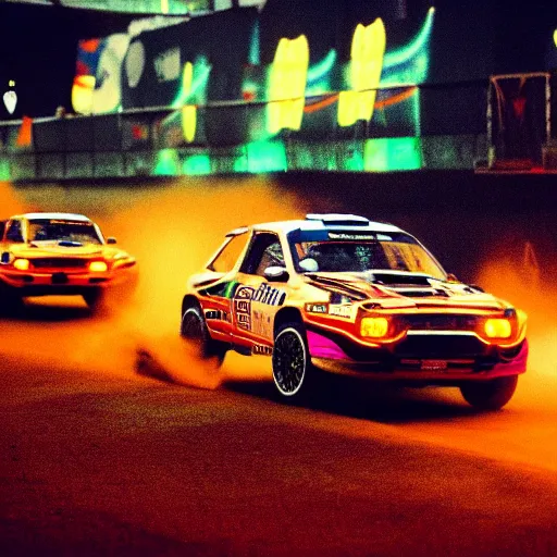 Image similar to rally cars racing at futuristic city with neon lights and dust