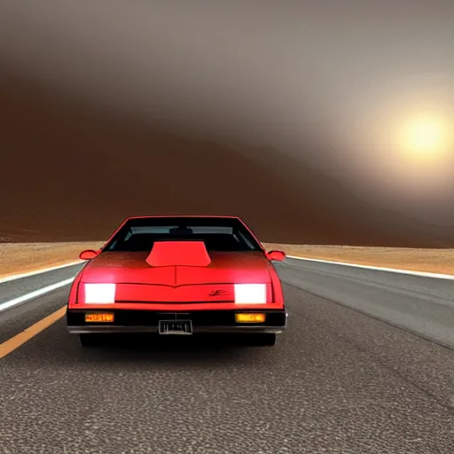 Prompt: Hyperdetailed, photorealistic photograph of a 1982 Pontiac Firebird Trans-Am driving in the desert, rain, night, dense fog, HD, unreal engine 5