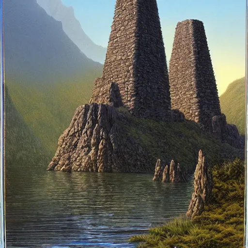 Prompt: three stone towers on a small island on a lake. misty. mountains in the background. painting by Ted Nasmith and Larry Elmore.