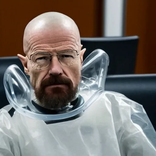 Image similar to walter white with a rough beard, wearing a clear plastic scuba rebreather, sitting in a wheelchair in a courtroom.