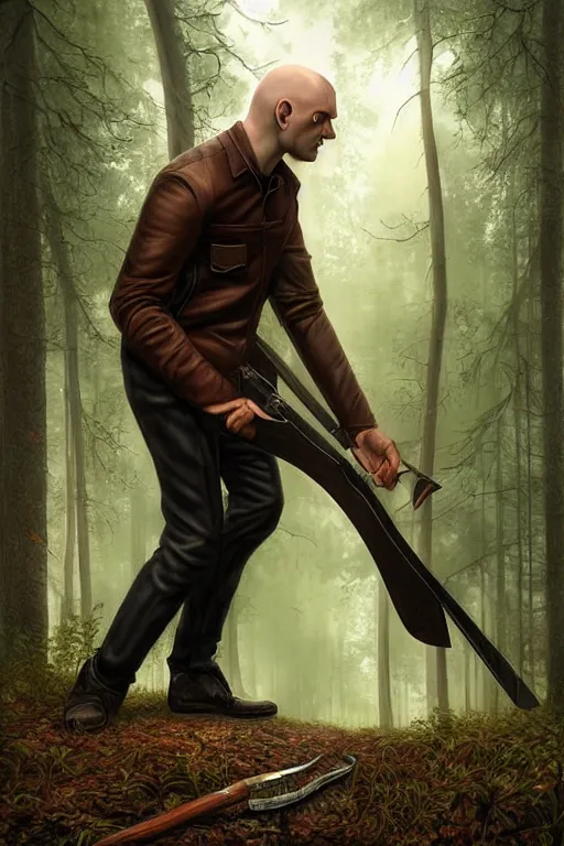 Image similar to a hitman named cobalt wearing a brown leather jacket and wielding a hatchet in the woods. art by tomasz alen kopera.