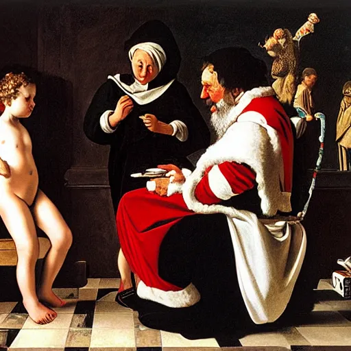 Prompt: Father Christmas giving gold coins to disabled girl Painted by Caravaggio