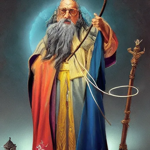 Image similar to “Old wizard with exquisite colored robes, Holding a staff with a crystal at the top, casting a spell, fantasy, D&D, 4k, ultra detailed, by Greg_Rutkowski and Viktor Antonov”