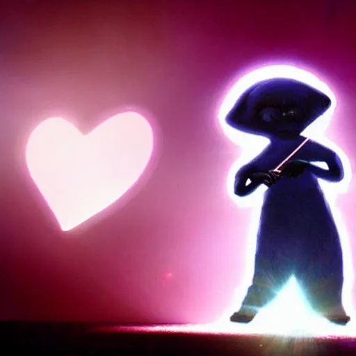 Image similar to E.T. playing the violin in the spotlight on stage with his heart glowing