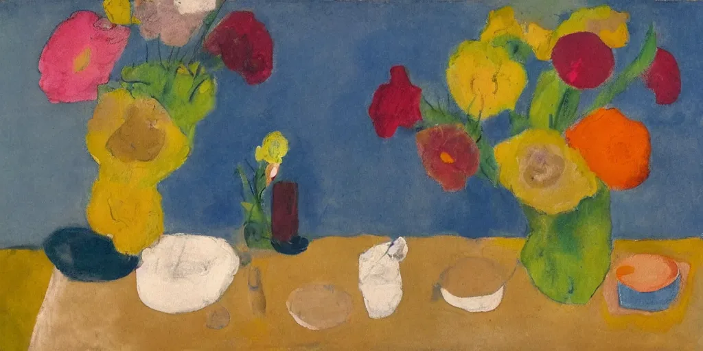 Image similar to flowers in jug, notebook, spoon on a table, still life on a table in the style of ivon hitchens, ben nicholson and winifred nicholson. oil painting, drawing,