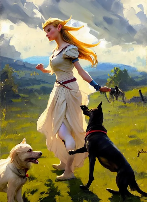 Prompt: Greg Manchess painting of prinzess Zelda in casual wear out playing with the dogs, countryside, fantasy character portrait, dynamic pose, above view, sunny day, thunder clouds in the sky, artwork by Jeremy Lipkin and Giuseppe Dangelico Pino and Michael Garmash and Rob Rey, very coherent asymmetrical artwork, sharp edges, perfect face, simple form, wacky, 100mm